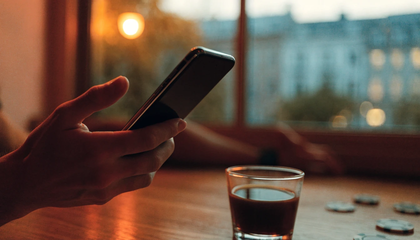 Kezek Android telefont tartanak kaszinó zsetonokkal az asztalon