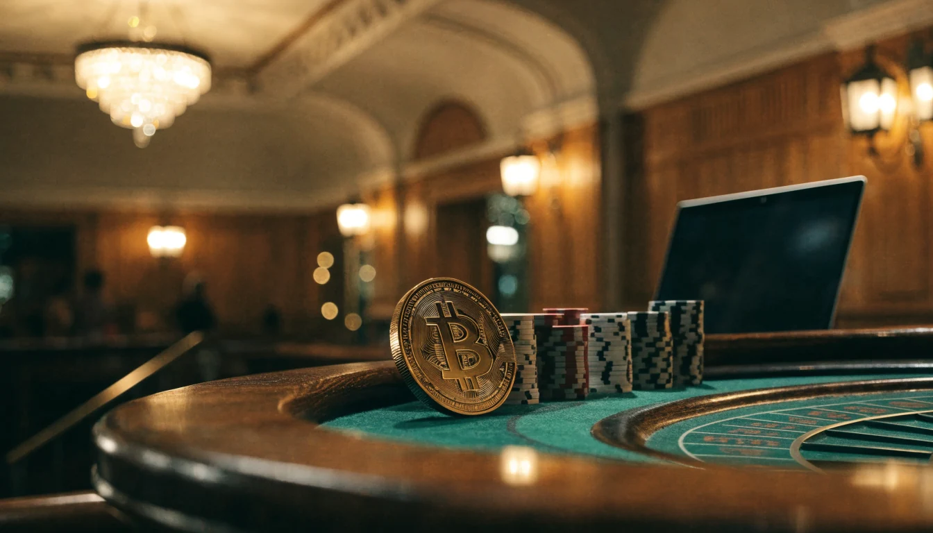 Bitcoin érme és kaszinó zsetonok egy elegáns rulettasztalon, magyar enteriőrrel.