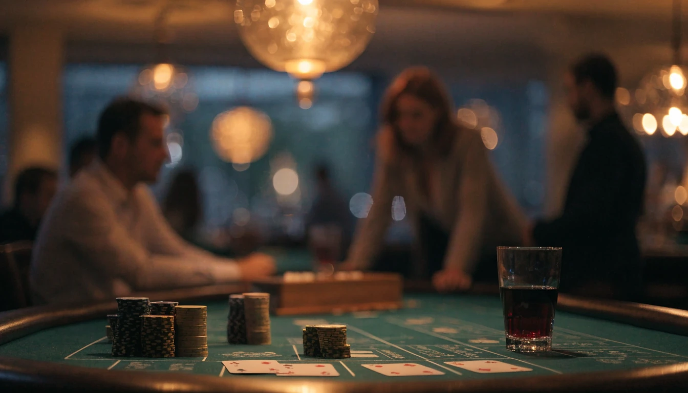 Blackjack asztal zsetonokkal és kártyákkal elegáns budapesti kaszinóban